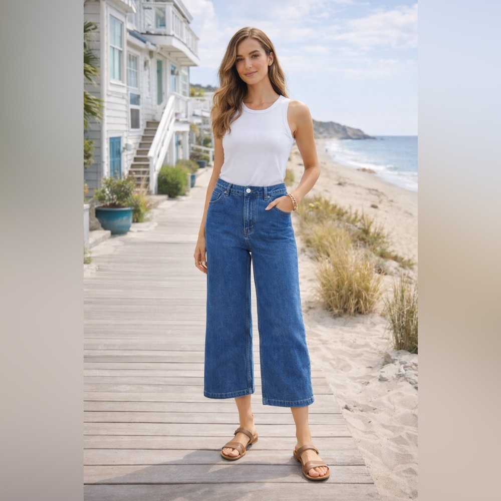 Long Tall Sally Cropped Wide Leg Jeans Size 4 Blue High Rise Denim